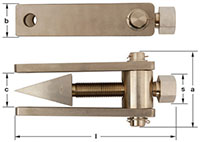 Two horizontal images of an adjustable bronze metal wedge. The image shows a large threaded bolt with a triangular tip, positioned between two horizontal plates with a circular hole positioned near the left tip of the triangle wedge.  A hexagonal adjustme